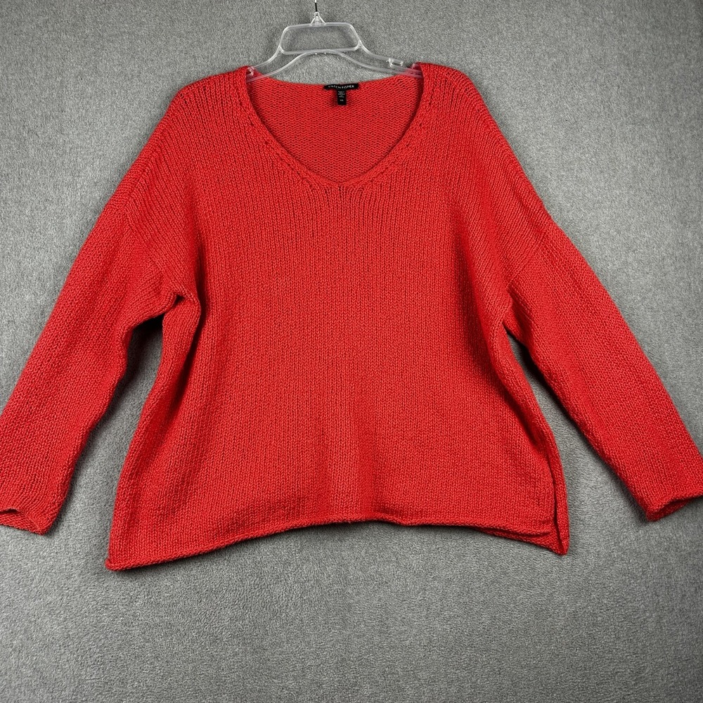 Eileen Fisher Sweater Womens Large Red Organic Cotton V Neck Knit Pullover Cozy